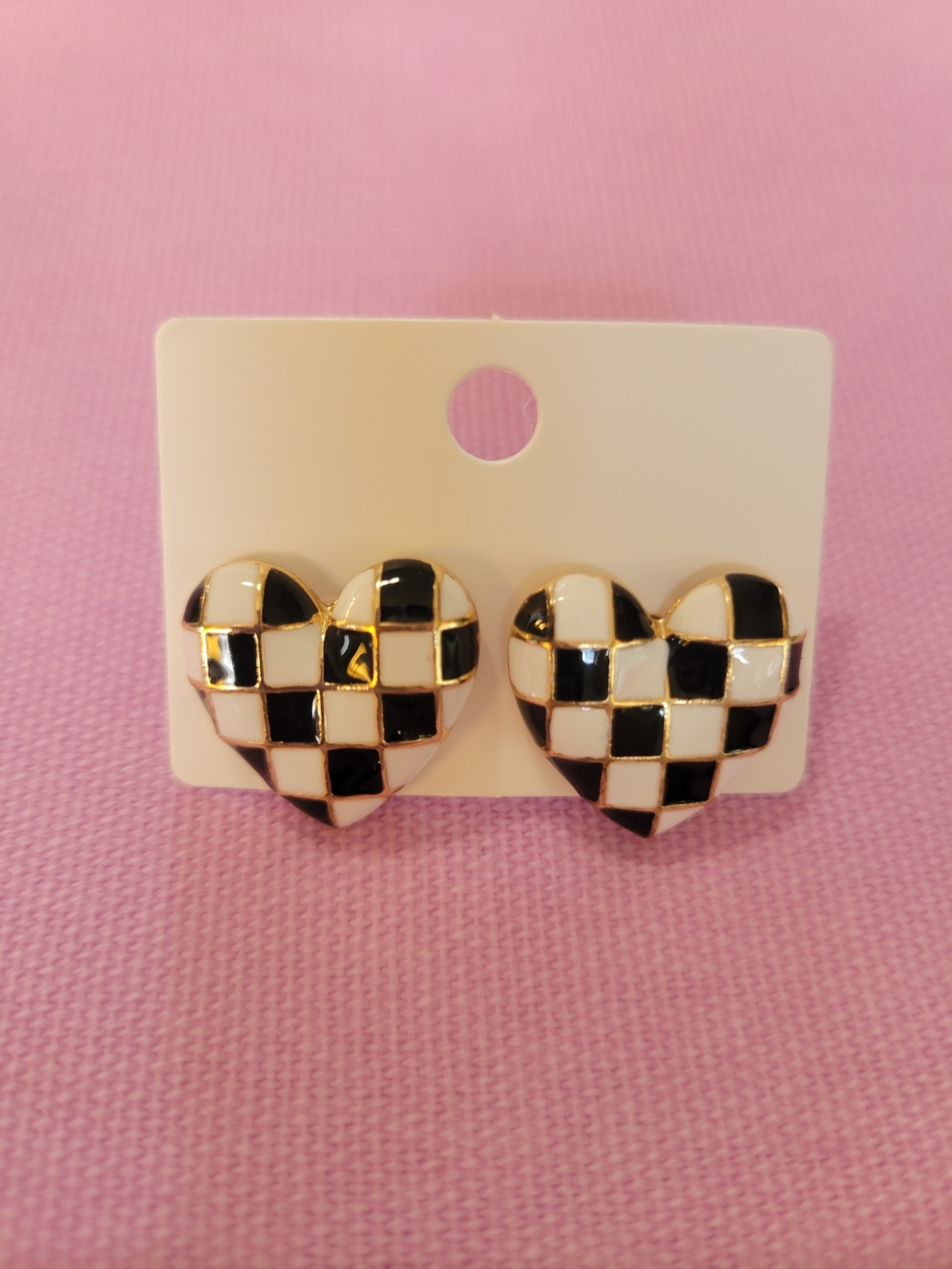 Black & White Checkerboard Heart Shape Earrings